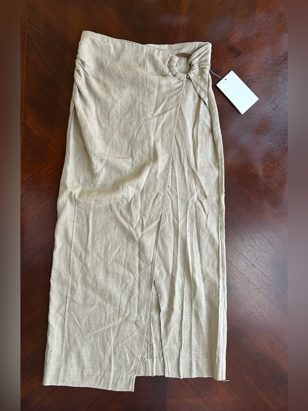 NEW PEACH Neutral Beige Midi Skirt with Ring-Detail Waist SIZE XS